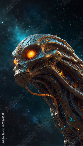 a strange space alien creature, with a golden metallic color and crystal elements 06