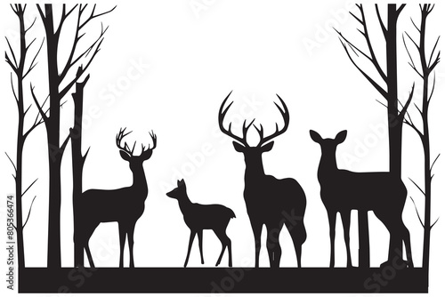 Vector forest and deer family silhouette