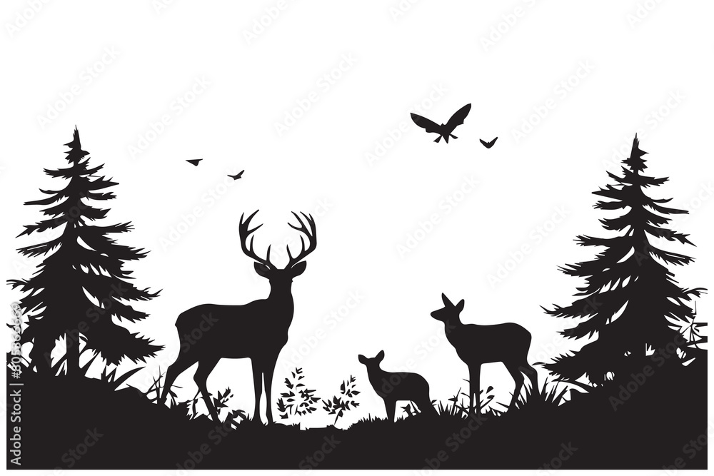 Fototapeta premium Vector forest and deer family silhouette