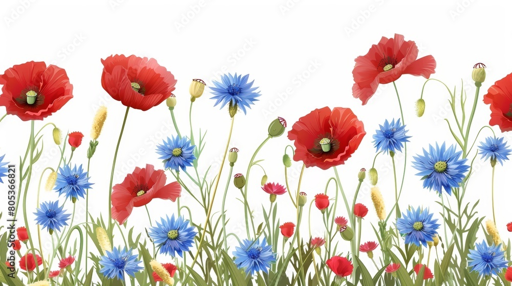 A modern white background with chamomile, cornflowers, and poppies in red A modern white background with chamomile, cornflowers, and poppies in red