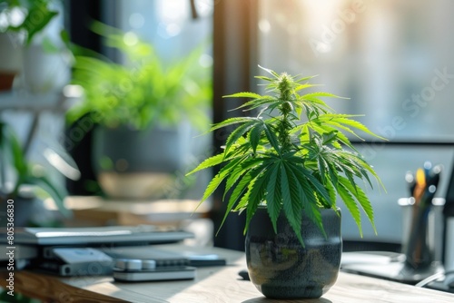 Indoor cannabis plant in the office. The concept of legalization and biophilic design in the office, the impact of greenery in the workplace and improving indoor air quality photo