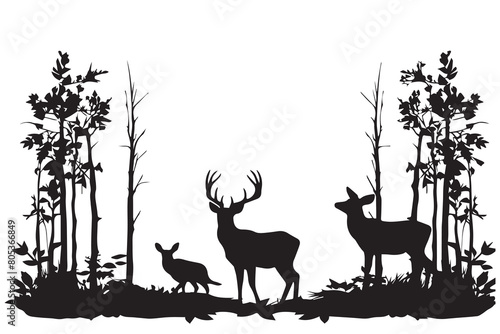 Vector forest and deer family silhouette