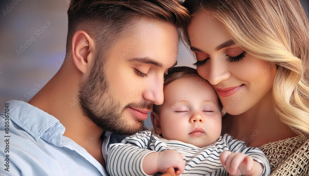 A serene portrait of parents with their happy, peaceful, and calm baby A serene portrait of parents with their happy, peaceful, and calm baby