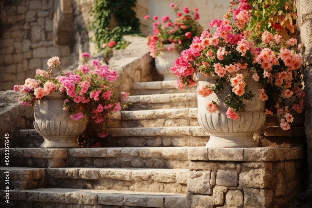 Ancient Stairs candles flowers stone. Light party. Generate Ai Ancient Stairs candles flowers stone. Light party. Generate Ai