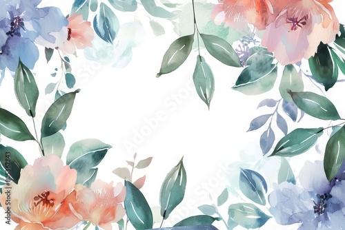 This creative watercolor template features a botanical template with colorful flowers and soft green leaves encircling a spacious area for greetings