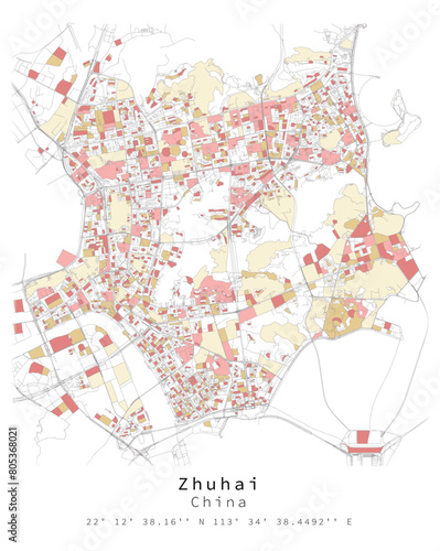 Zhuhai,China city centre,Urban detail Streets Roads color Map  ,vector element template image