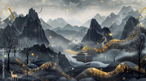 An immersive mural wallpaper showcasing a mystical night scene with towering dark mountains, a soft gray background illuminated by twinkling stars, graceful deer figures, stark black trees, photo