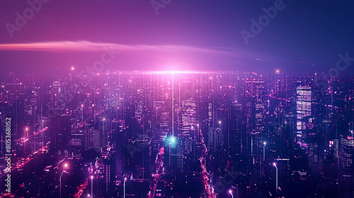 Bright glowing purple night city texture with digital data lines all over. Smart city  VR  AI and innovation concept. Double exposure.