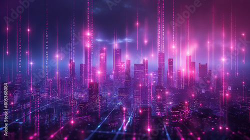 Bright glowing purple night city texture with digital data lines all over. Smart city  VR  AI and innovation concept. Double exposure.