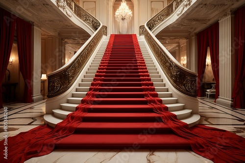 Grand Marble stairs red carpet indoor. Palace luxury interior party design. Generate Ai