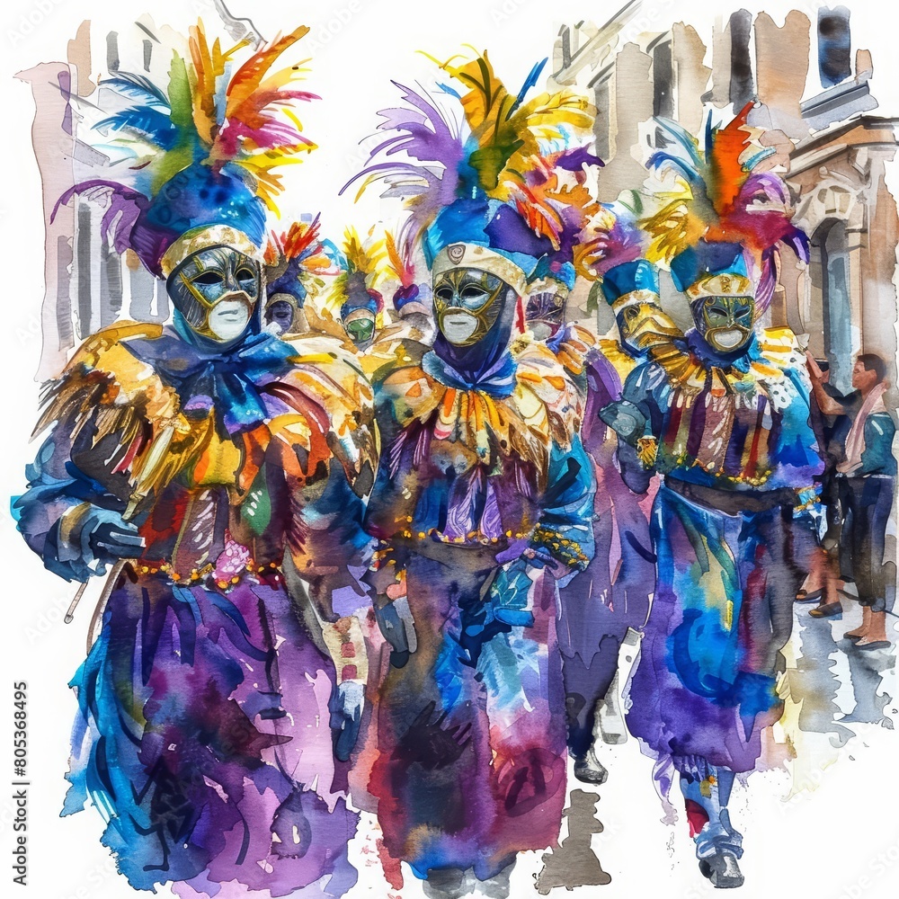Fototapeta premium This watercolor painting features a lively Mardi Gras parade with elaborate costumes and masks, Clipart minimal watercolor isolated on white background
