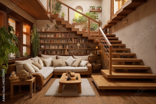 Inviting Stairs wooden living room light. Cozy luxury. Generate Ai © juliars
