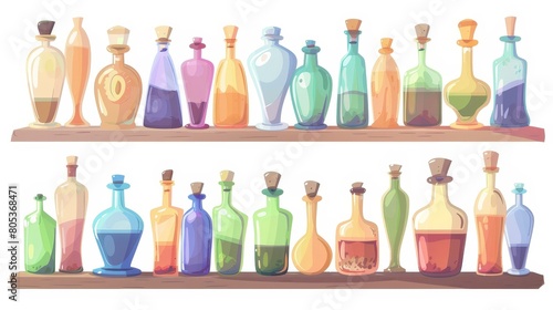 A cartoon illustration of glass bottles of various shapes and colors stand on a wooden shelf. A representation of empty flasks of vodka  rum  whiskey  alcohol drinks  used in computer games  isolated