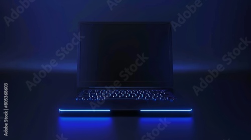 This modern realistic mockup shows a laptop computer with a blue backlit keyboard and blank screen from all angles.