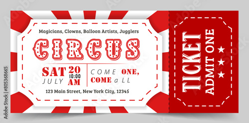 Circus ticket template design. Illustration of circus label,