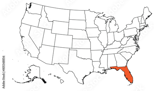 The outline of the US map with state borders. The US state of Florida