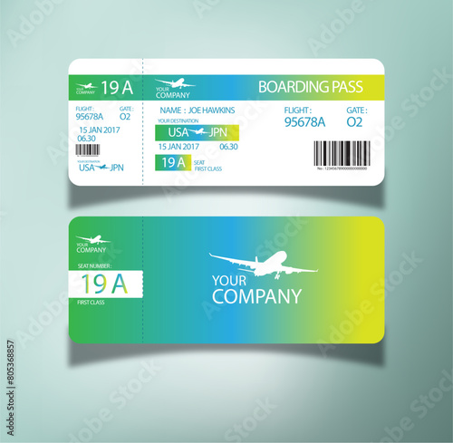  Airplane ticket. Flight boarding pass design. Air, plane, airline card template. Fly, travel concept. Vector illustration