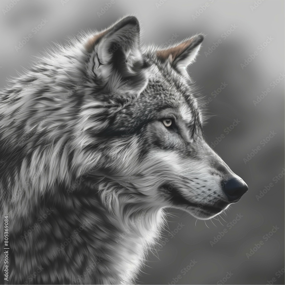 Fototapeta premium Black and white illustration with an animal - wolf. 8K resolution.