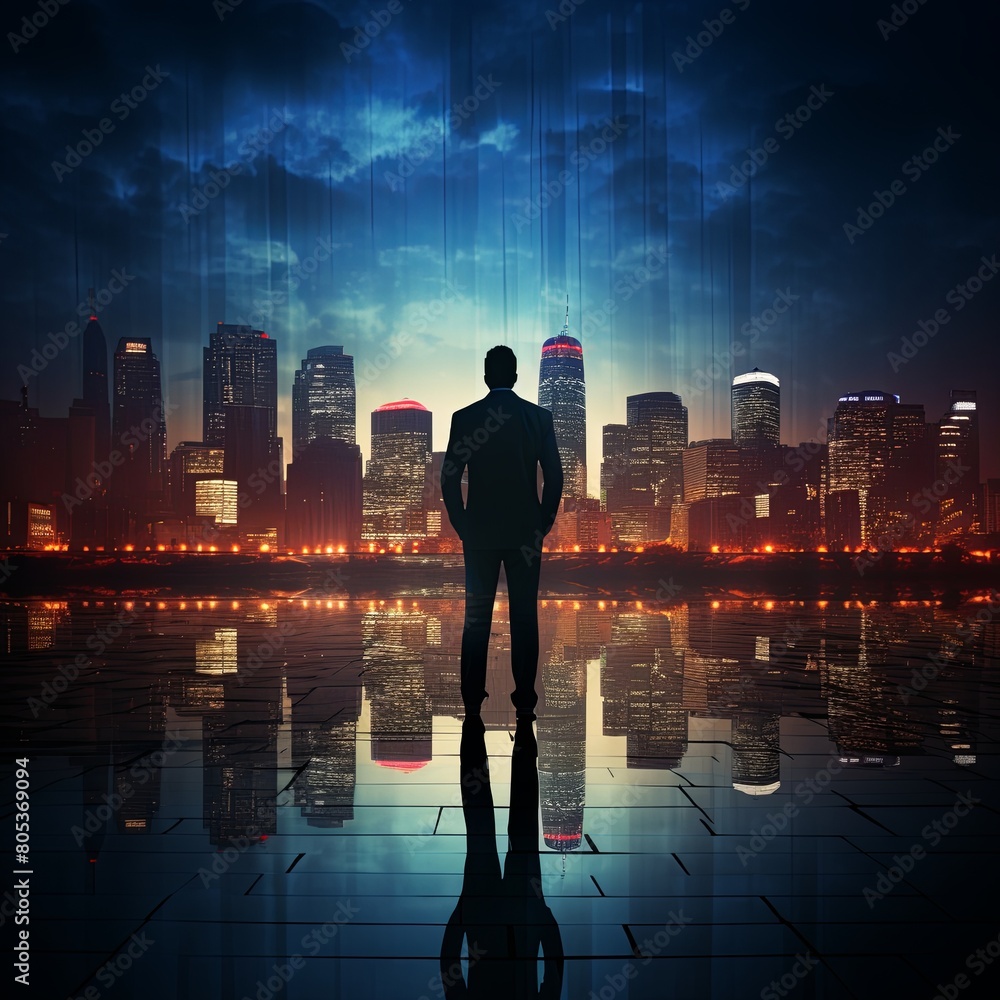 A conceptual visual featuring a business professional s silhouette merging into the city lights, symbolizing their integral role and success in the urban fabric
