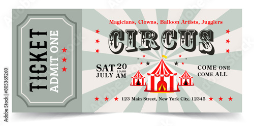 Vintage circus ticket vector illustration. admit one coupon mention, Retro magic show invitation