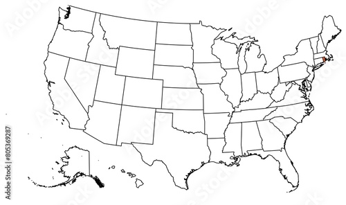 The outline of the US map with state borders. The US state of Rhode Island