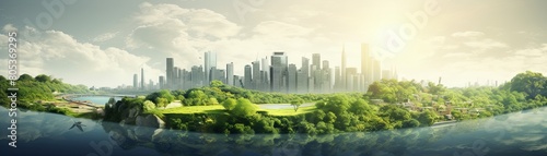 Artistic representation of a city view transitioning into nature, with sunlight symmetrically highlighting the convergence and exposure of both worlds