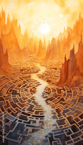 Artistic depiction of a labyrinth appearing as a mirage under a scorching sun, evoking themes of serendipity and adventure, suitable for travel and adventure blogs