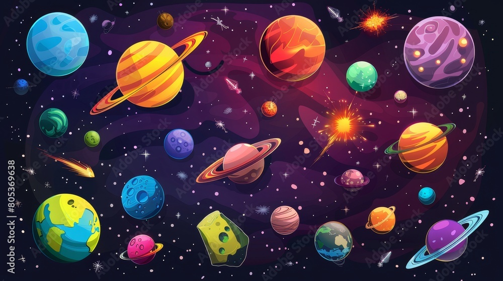 An illustration of planets out in space with satellites, meteors, asteroids, and nebula in a dark starry sky. Galaxy, cosmos, universe, futuristic fantasy view background for a computer game. Modern An illustration of planets out in space with satellites, meteors, asteroids, and nebula in a dark starry sky. Galaxy, cosmos, universe, futuristic fantasy view background for a computer game. Modern