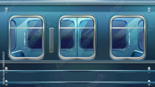 Window in a train interior with a metal frame and handles. Modern illustration of clear windows on a transparent background in a metro wagon and passenger compartment.
