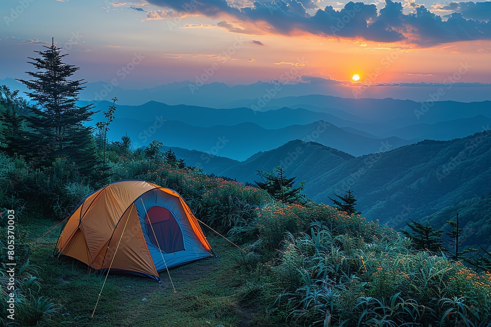 Campsite on a mountain plateau, sunset hues, panoramic view