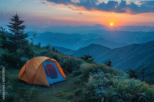 Campsite on a mountain plateau  sunset hues  panoramic view
