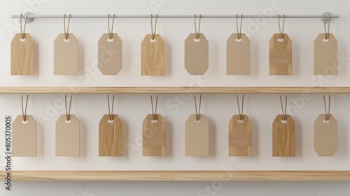On wooden shelves are wobblers. On a grey wall are blank price tags hanging from racks. Clear pricing labels of various shapes are displayed.