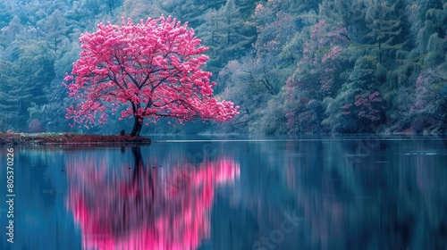The picture displays a tree whose vivid pink leaves are attractively reflected in the placid waters below. Generative Ai photo