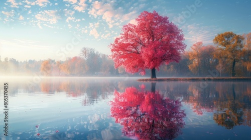 The picture displays a tree whose vivid pink leaves are attractively reflected in the placid waters below. Generative Ai