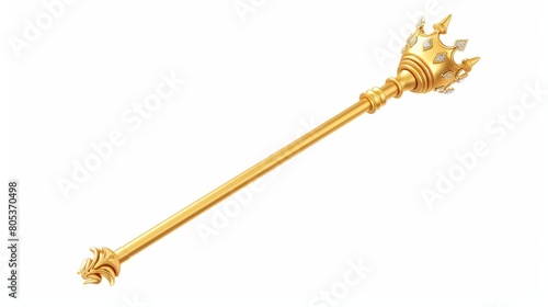 A golden sceptre symbolizes kings or queens. The royal wand represents monarchs. Isolated on white background, a golden coronation rod or mace represents imperial power. photo