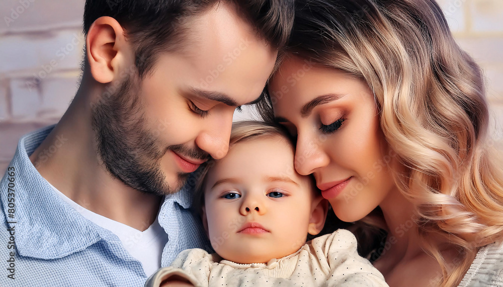 A serene portrait of parents with their happy, peaceful, and calm baby A serene portrait of parents with their happy, peaceful, and calm baby
