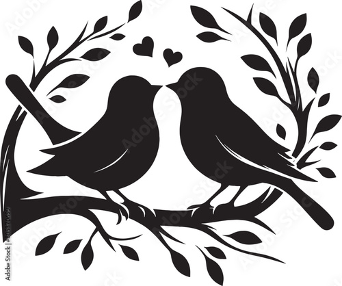 Loving birds on the branch of a tree clipart silhouette in black colour. Dove Vector illustration template for tattoo or laser cutting.