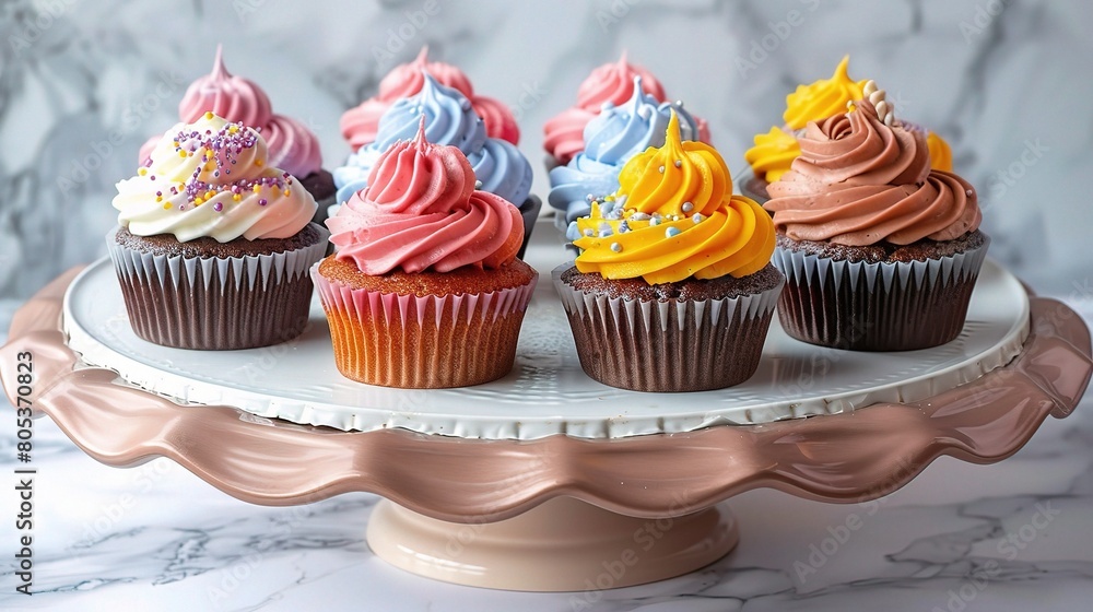 Colorful cupcakes arranged on elegant serving tray