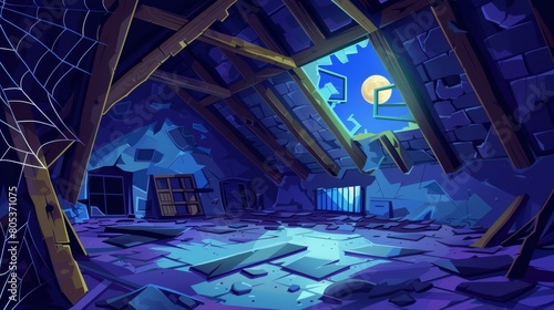 Old abandoned attic at night. Cartoon interior of a garret room with broken roof, walls, beams, clutter and spiderwebs. Empty messy mansard with hatch in floor and moonlight. photo