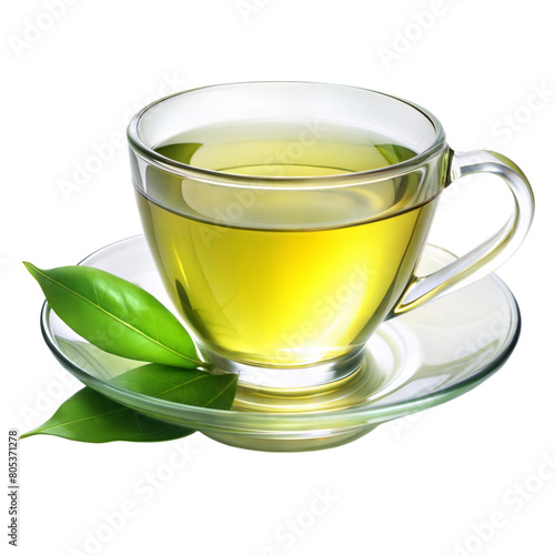 Steaming green tea in a clear cup with fresh leaves, isolated