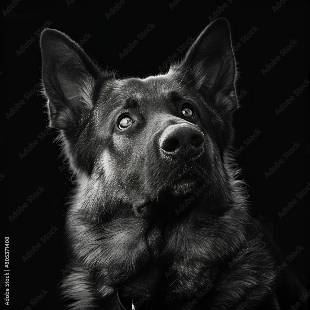 Black and white illustration with an animal - dog, German Shepherd. 8K resolution.
