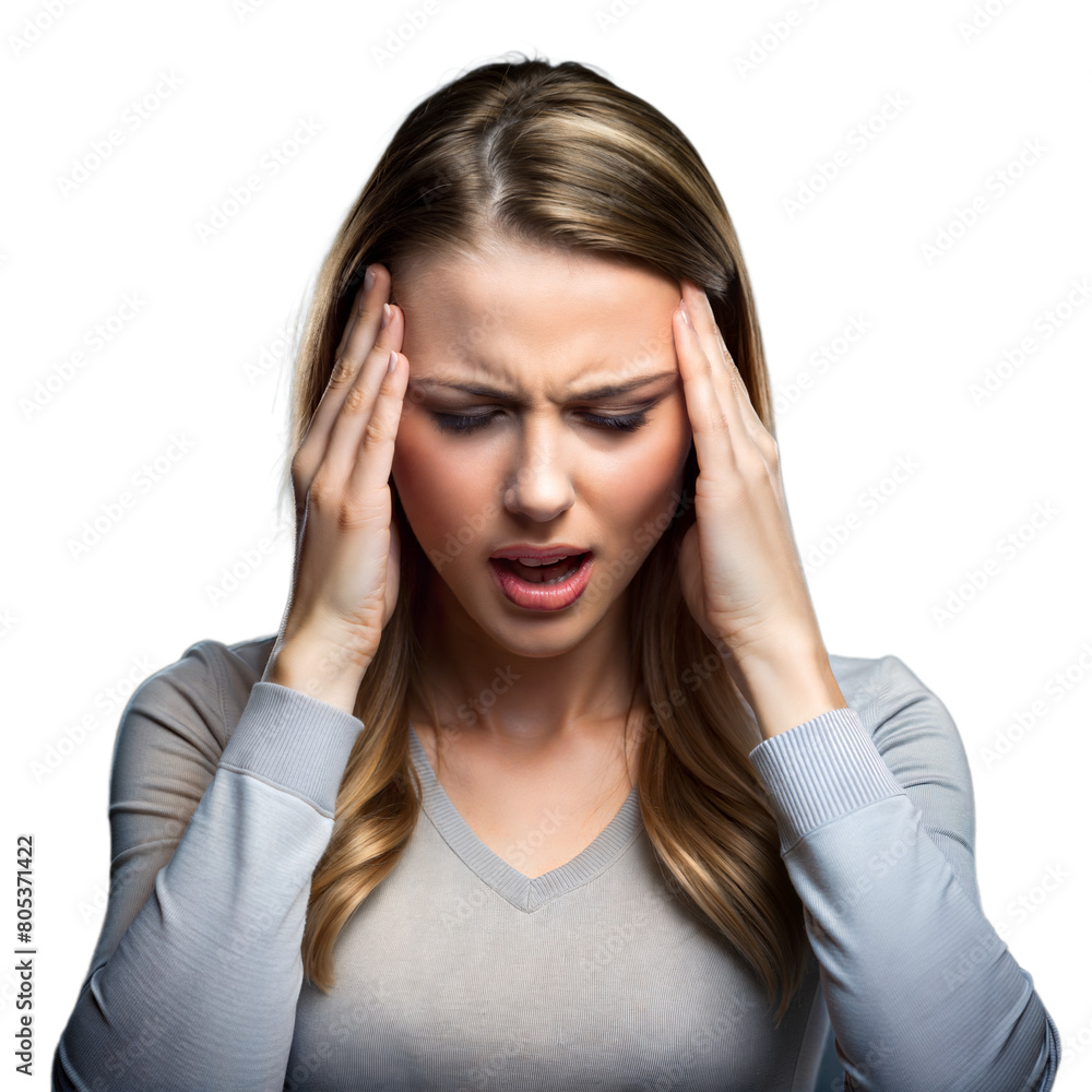 A woman holds her temples, showing signs of headache or stress A woman holds her temples, showing signs of headache or stress