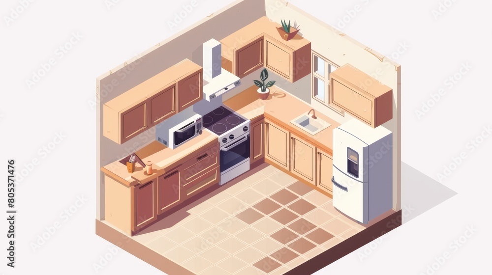 An isometric landing page for renovations of a kitchen in a home An isometric landing page for renovations of a kitchen in a home