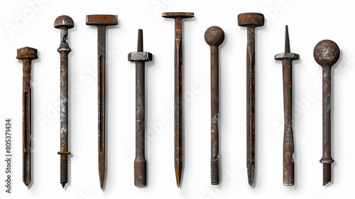 Nails hammered into wall with rusty heads, rusty spikes with circle heads. Modern realistic set with rustier nails, hardware hobnails, and carpentry tools isolated on a white background.