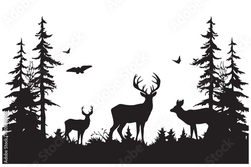 Black silhouette of deer family with baby and forest fir trees wildlife adventure