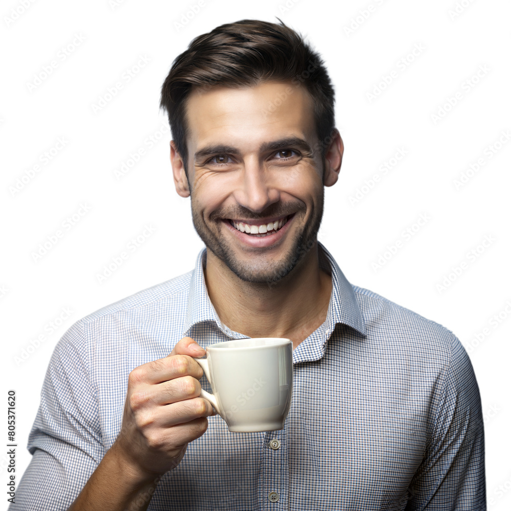 Cheerful man with a coffee mug in a casual setting Cheerful man with a coffee mug in a casual setting