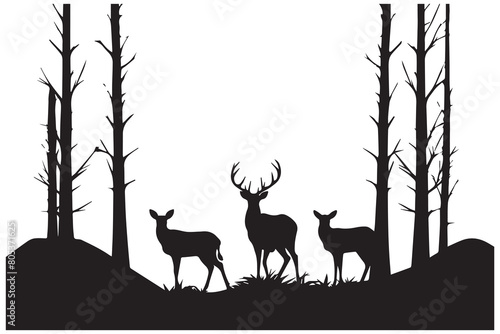 Black silhouette of deer family with baby and forest fir trees wildlife adventure