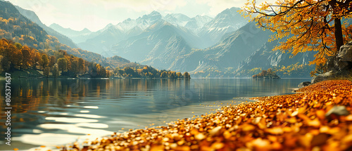 Serene lake view in Wanaka, New Zealand, showcasing stunning reflections of autumn trees and distant mountains photo