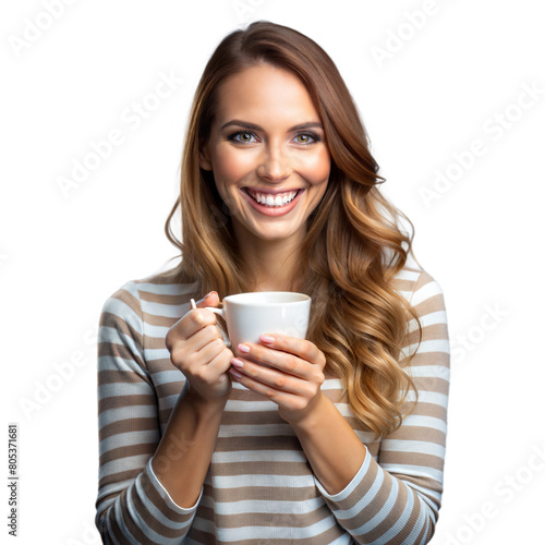 A cheerful lady enjoys a warm drink in casual attire