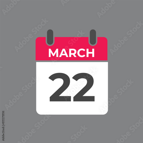 March 22 calendar reminder. 22 March daily calendar icon template. Calendar 22 March icon Design template. Vector illustration
 photo